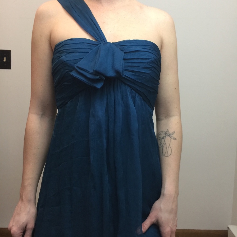 Amsale Blue Teal Silk One Shoulder Dress - Picture 8 of 8